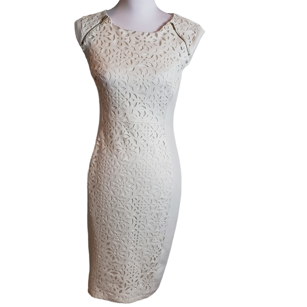 Enfocus Studio Ivory Sheath Dress Size 4 Floral Cutout Stretch Cocktail Party